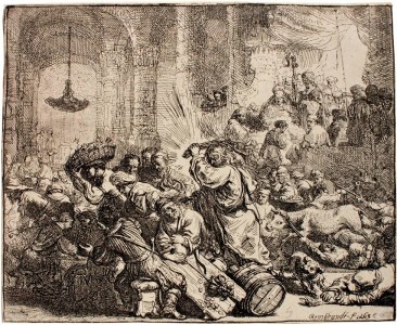 Rembrandt etching of Christ Driving the Money-Changers from the Temple