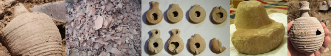 Shikhin amphora, potsherds, lamps, potter's wheel fragment, juglet